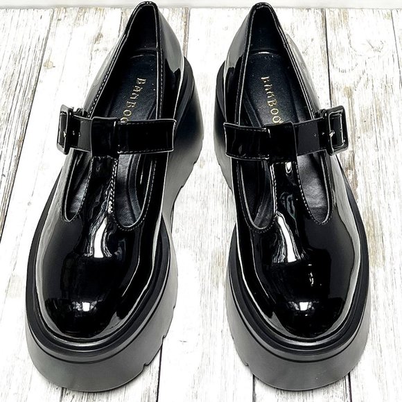 New Black Patent T-Strap Platform Mary Jane Wedge Ballet Flats - Picture 3 of 5
